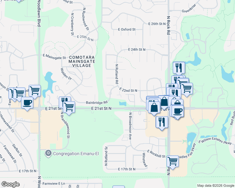 map of restaurants, bars, coffee shops, grocery stores, and more near 7333 East 22nd Street North in Wichita