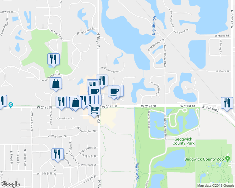 map of restaurants, bars, coffee shops, grocery stores, and more near 2230 N Ridge Rd in Wichita