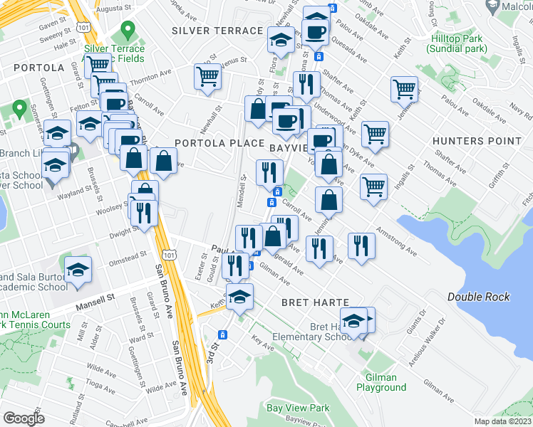 map of restaurants, bars, coffee shops, grocery stores, and more near 5912 3rd Street in San Francisco