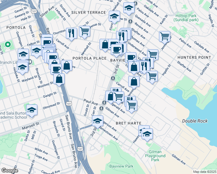 map of restaurants, bars, coffee shops, grocery stores, and more near 5912 3rd Street in San Francisco