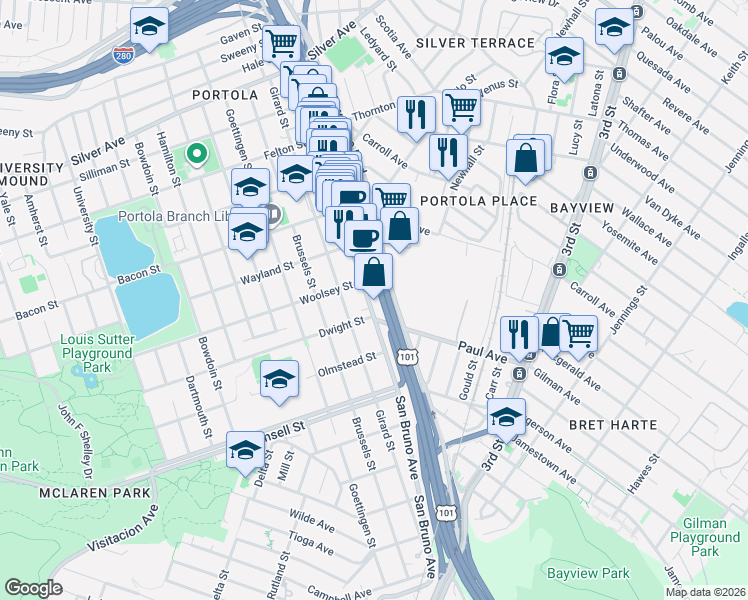 map of restaurants, bars, coffee shops, grocery stores, and more near 1500 Bayshore Boulevard in San Francisco