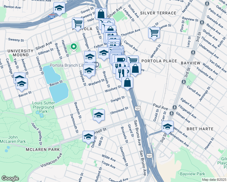 map of restaurants, bars, coffee shops, grocery stores, and more near 250 Woolsey Street in San Francisco