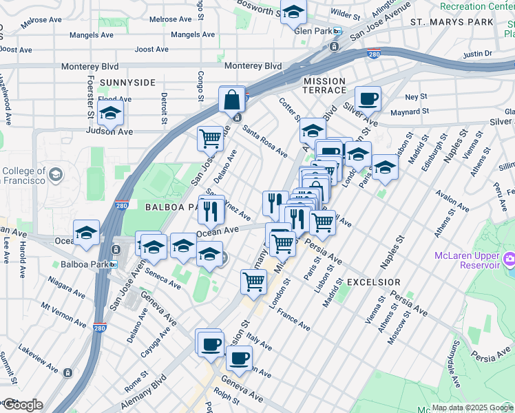 map of restaurants, bars, coffee shops, grocery stores, and more near 437 Capistrano Avenue in San Francisco