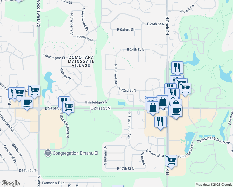 map of restaurants, bars, coffee shops, grocery stores, and more near 7333 East 22nd Street North in Wichita