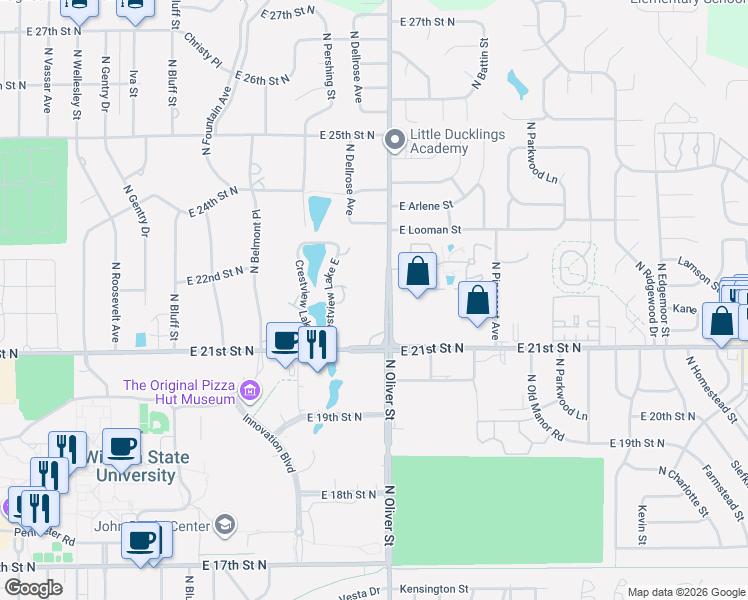 map of restaurants, bars, coffee shops, grocery stores, and more near 2403-2409 N Oliver Ave in Wichita