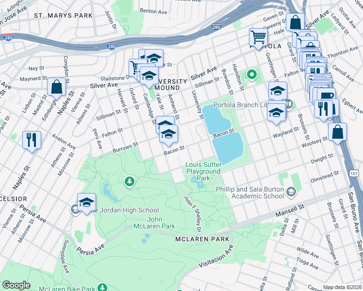 map of restaurants, bars, coffee shops, grocery stores, and more near 1378 Bacon Street in San Francisco