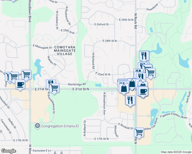 map of restaurants, bars, coffee shops, grocery stores, and more near 7333 East 22nd Street North in Wichita