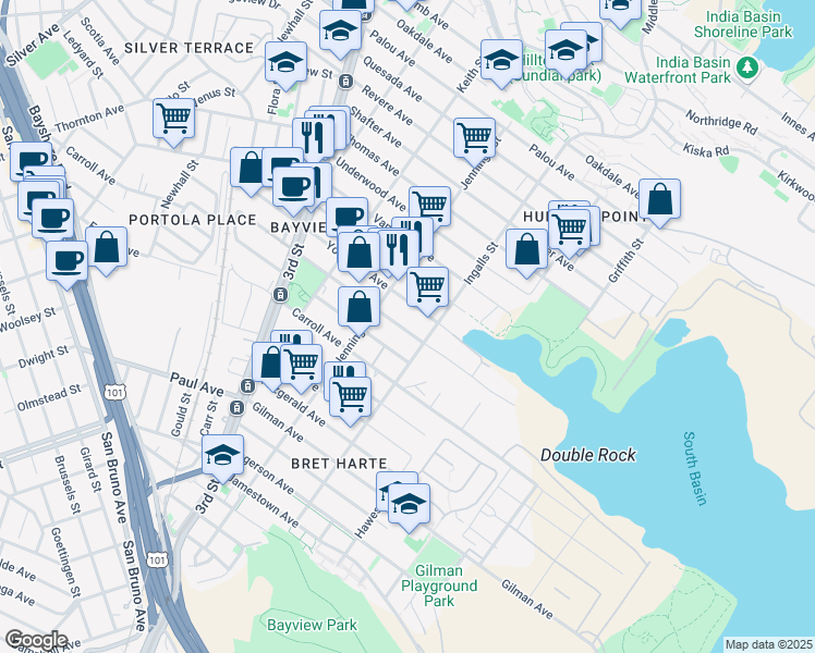 map of restaurants, bars, coffee shops, grocery stores, and more near 1462 Armstrong Ave in San Francisco