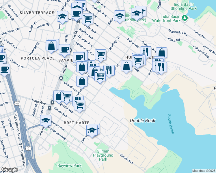 map of restaurants, bars, coffee shops, grocery stores, and more near 1320 Wallace Ave in San Francisco