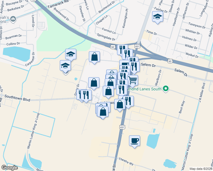 map of restaurants, bars, coffee shops, grocery stores, and more near 4620 Towne Square Court in Owensboro