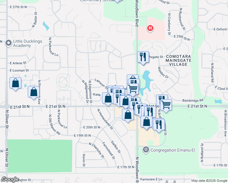 map of restaurants, bars, coffee shops, grocery stores, and more near 2310 Lamson Street in Wichita