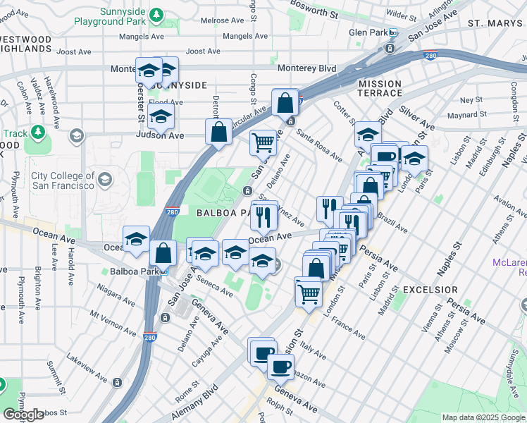 map of restaurants, bars, coffee shops, grocery stores, and more near 231 Delano Avenue in San Francisco