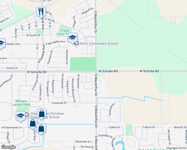 map of restaurants, bars, coffee shops, grocery stores, and more near 565 Peerless Way in Tracy