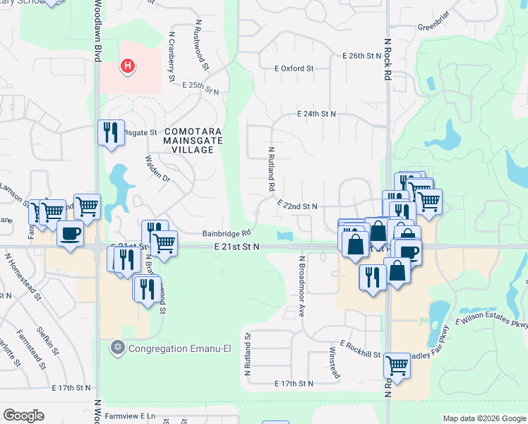map of restaurants, bars, coffee shops, grocery stores, and more near 7218 Bainbridge Road in Wichita