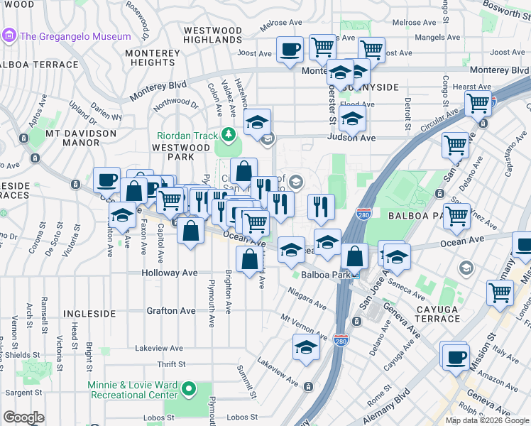 map of restaurants, bars, coffee shops, grocery stores, and more near 50 Phelan Avenue in San Francisco