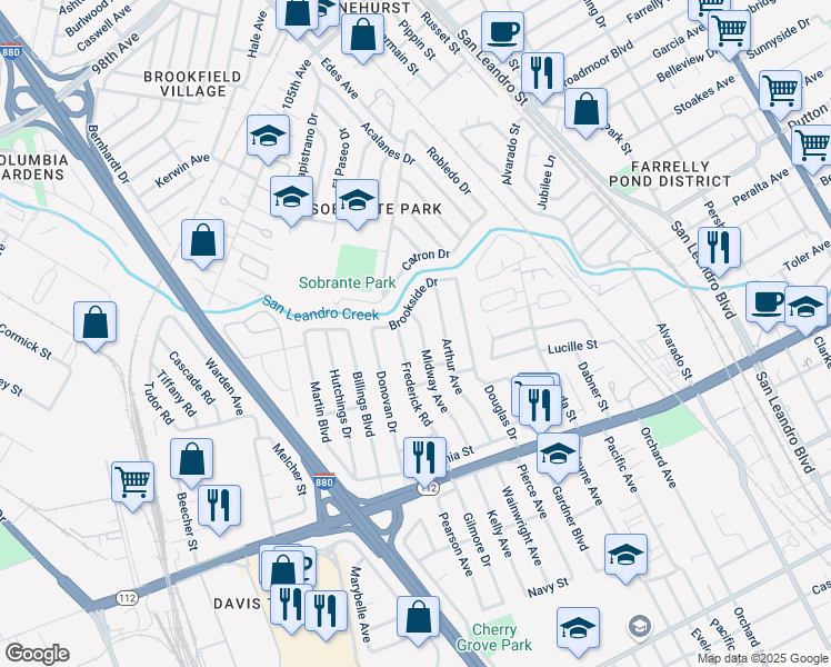 map of restaurants, bars, coffee shops, grocery stores, and more near 1569 Brookside Drive in San Leandro