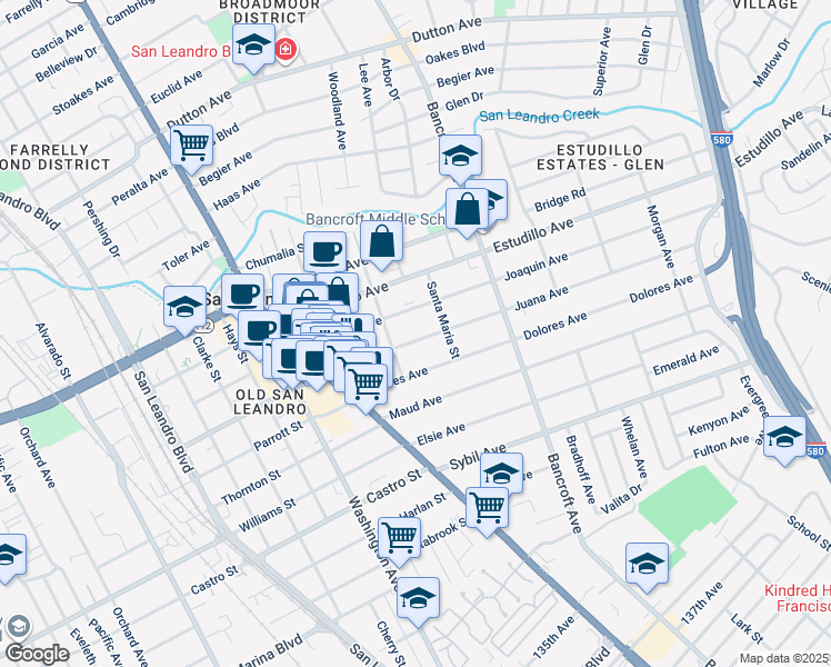 map of restaurants, bars, coffee shops, grocery stores, and more near 431 Joaquin Avenue in San Leandro