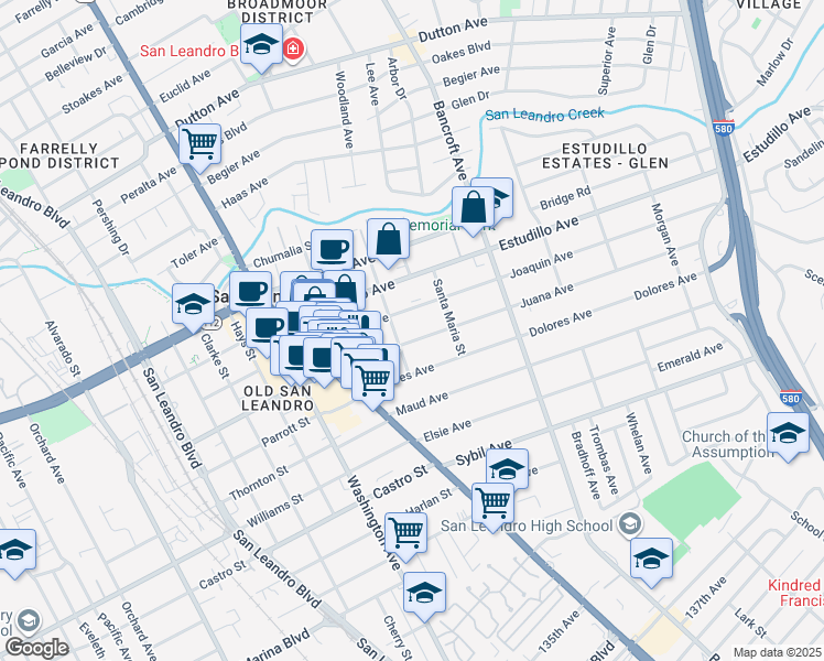 map of restaurants, bars, coffee shops, grocery stores, and more near 431 Joaquin Avenue in San Leandro