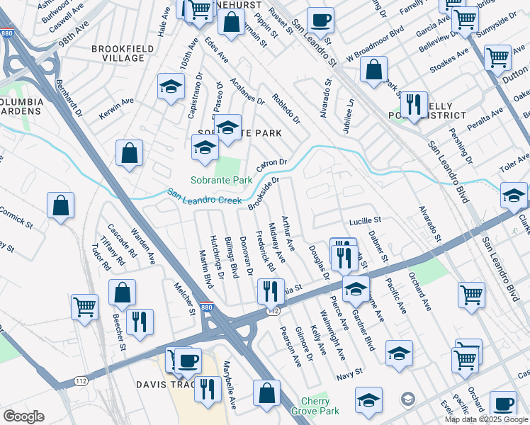 map of restaurants, bars, coffee shops, grocery stores, and more near 1569 Brookside Drive in San Leandro