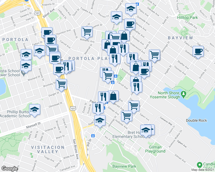 map of restaurants, bars, coffee shops, grocery stores, and more near 5912 3rd Street in San Francisco