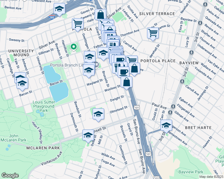 map of restaurants, bars, coffee shops, grocery stores, and more near 250 Woolsey Street in San Francisco