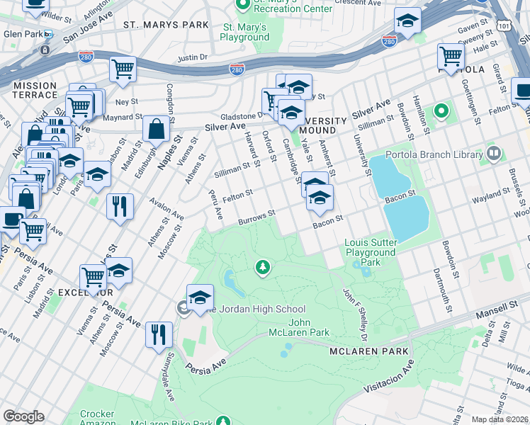 map of restaurants, bars, coffee shops, grocery stores, and more near 345 Gambier Street in San Francisco
