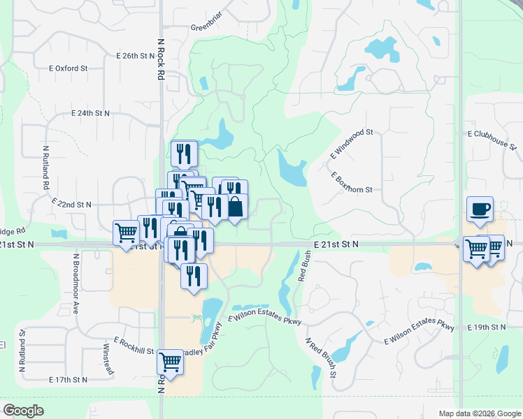 map of restaurants, bars, coffee shops, grocery stores, and more near 2265 N Penstemon St in Wichita
