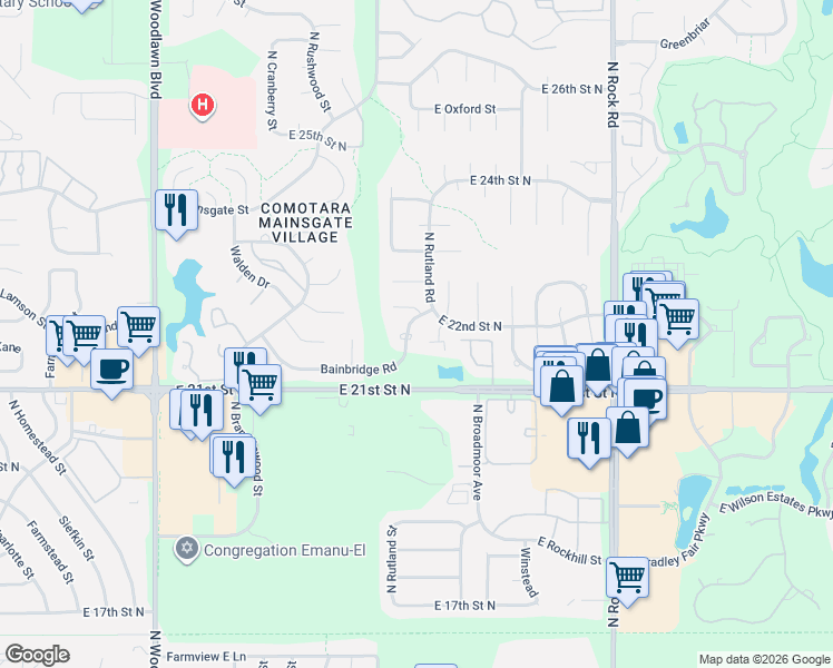 map of restaurants, bars, coffee shops, grocery stores, and more near 7218 Bainbridge Road in Wichita