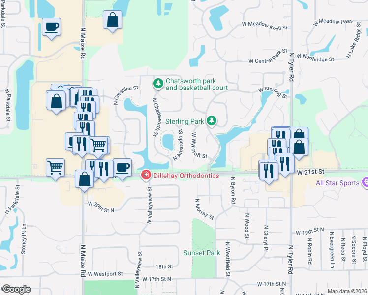 map of restaurants, bars, coffee shops, grocery stores, and more near 9455 West Wyncroft in Wichita