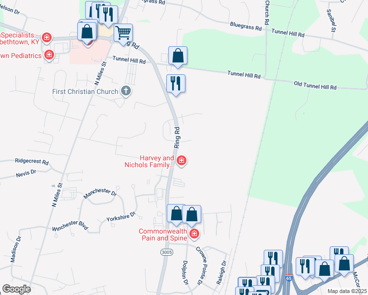 map of restaurants, bars, coffee shops, grocery stores, and more near 2710 Ring Road in Elizabethtown