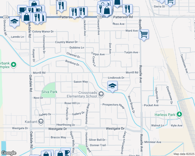 map of restaurants, bars, coffee shops, grocery stores, and more near 2666 Morrill Road in Riverbank