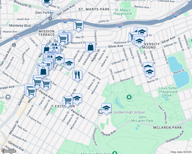 map of restaurants, bars, coffee shops, grocery stores, and more near Athens Street & Avalon Avenue in San Francisco