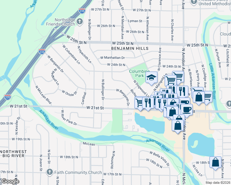 map of restaurants, bars, coffee shops, grocery stores, and more near 2541 West Benjamin Drive in Wichita