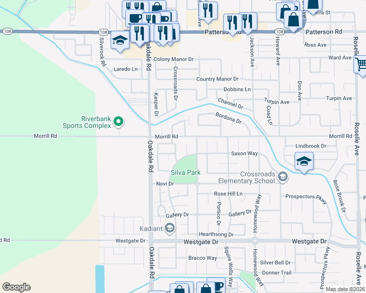 map of restaurants, bars, coffee shops, grocery stores, and more near 5939 Westminster Court in Riverbank