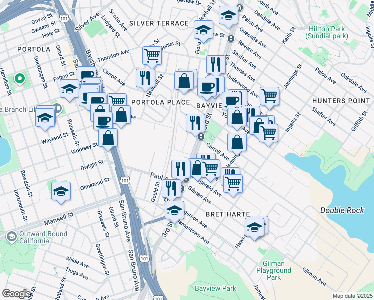 map of restaurants, bars, coffee shops, grocery stores, and more near 5900 3rd Street in San Francisco