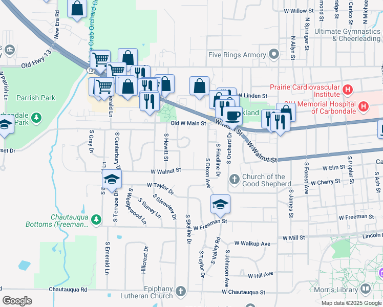 map of restaurants, bars, coffee shops, grocery stores, and more near 200 South Travelstead Lane in Carbondale
