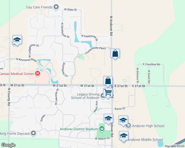 map of restaurants, bars, coffee shops, grocery stores, and more near 2257 North Andover Road in Andover