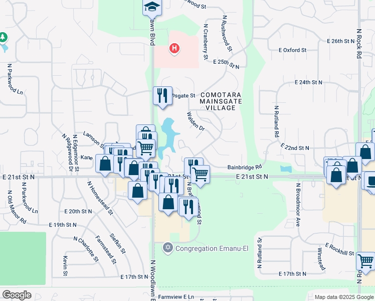 map of restaurants, bars, coffee shops, grocery stores, and more near 6500 East 21st Street North in Wichita