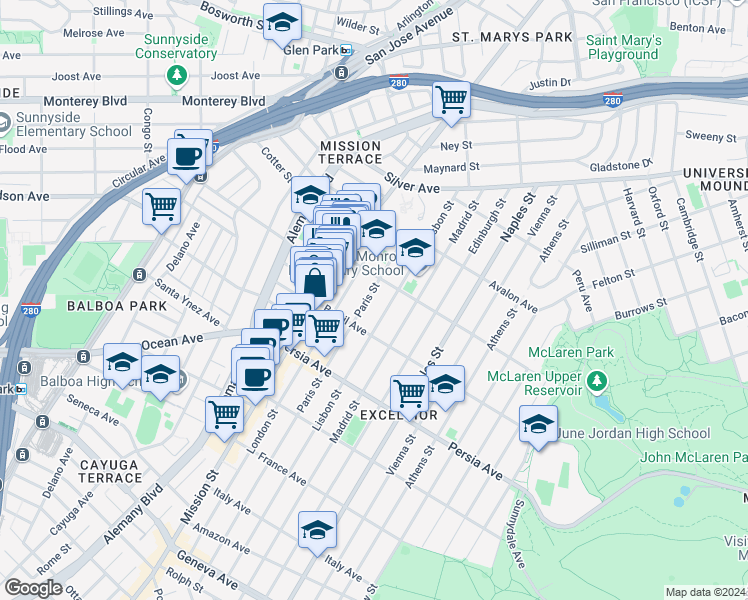 map of restaurants, bars, coffee shops, grocery stores, and more near 241 Paris Street in San Francisco