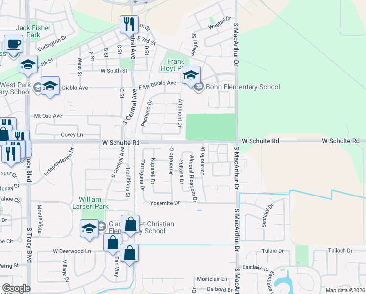 map of restaurants, bars, coffee shops, grocery stores, and more near 300 West Schulte Road in Tracy