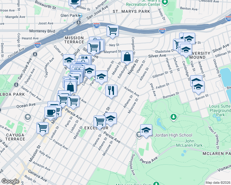 map of restaurants, bars, coffee shops, grocery stores, and more near 240 Naples Street in San Francisco