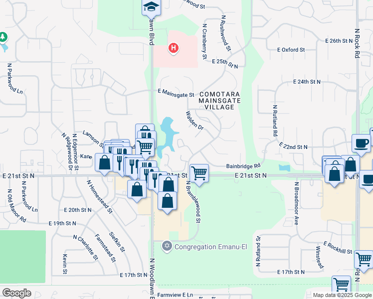 map of restaurants, bars, coffee shops, grocery stores, and more near 2243 North Bramblewood Street in Wichita