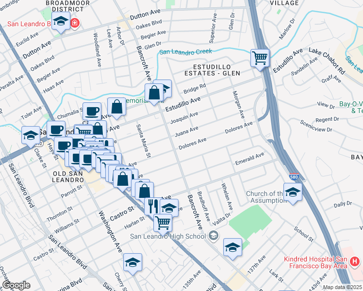 map of restaurants, bars, coffee shops, grocery stores, and more near 1550 Bancroft Avenue in San Leandro