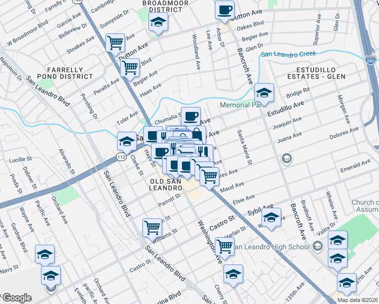 map of restaurants, bars, coffee shops, grocery stores, and more near 200 Joaquin Avenue in San Leandro
