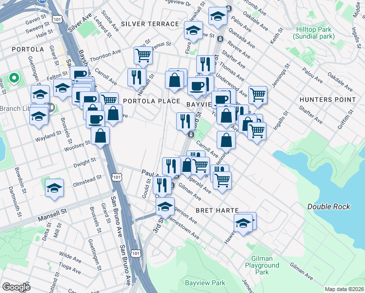 map of restaurants, bars, coffee shops, grocery stores, and more near 5912 3rd Street in San Francisco
