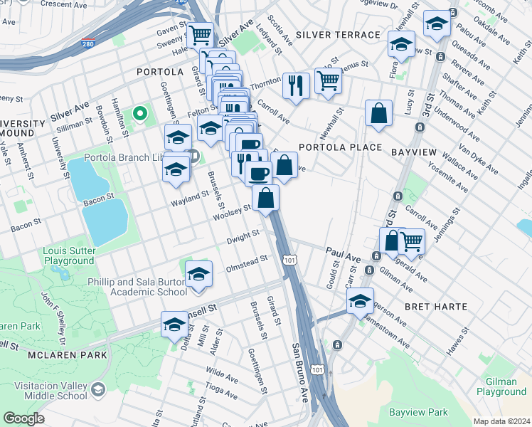 map of restaurants, bars, coffee shops, grocery stores, and more near 1500 Bayshore Boulevard in San Francisco