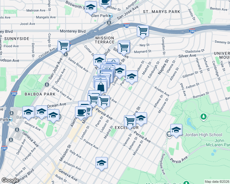 map of restaurants, bars, coffee shops, grocery stores, and more near 234 Paris Street in San Francisco