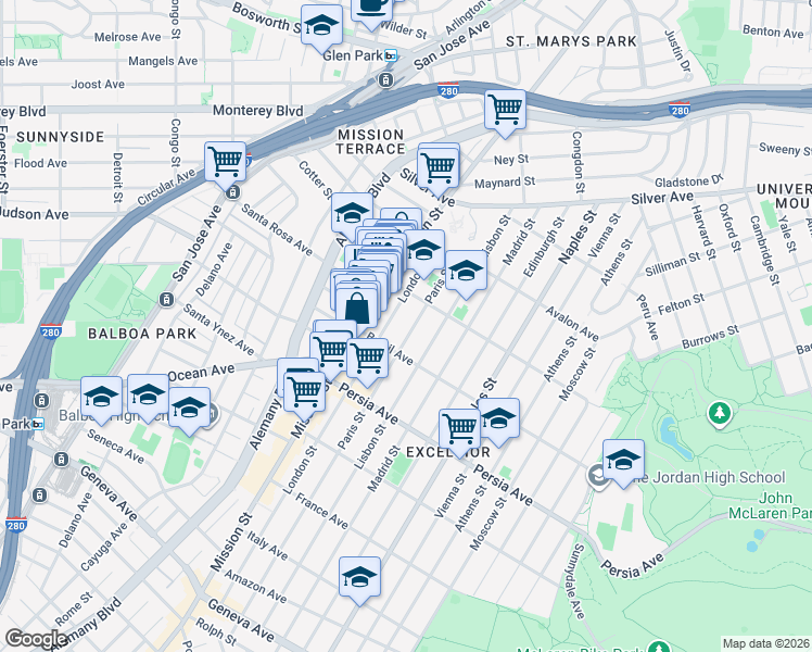 map of restaurants, bars, coffee shops, grocery stores, and more near 234 Paris Street in San Francisco