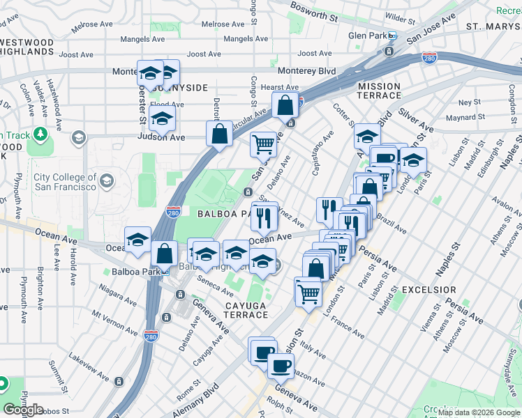 map of restaurants, bars, coffee shops, grocery stores, and more near 231 Delano Avenue in San Francisco