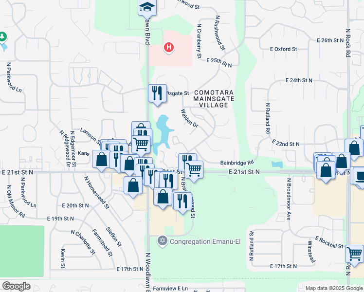 map of restaurants, bars, coffee shops, grocery stores, and more near 6500 East 21st Street North in Wichita